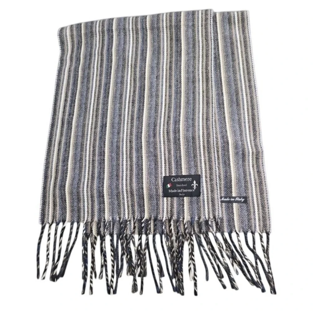 Cashmere Finished Striped Winter Scarf Fringe  Grey White Made‎ in ItalyUnisex